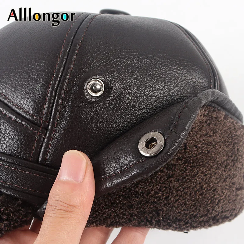 Leather Bomber Hats Men\'s Winter Earflap Hat Ushanka Head Hood 2024 Autumn Warm Faux Fur Wool Earflaps Baseball Cap Male Thicken