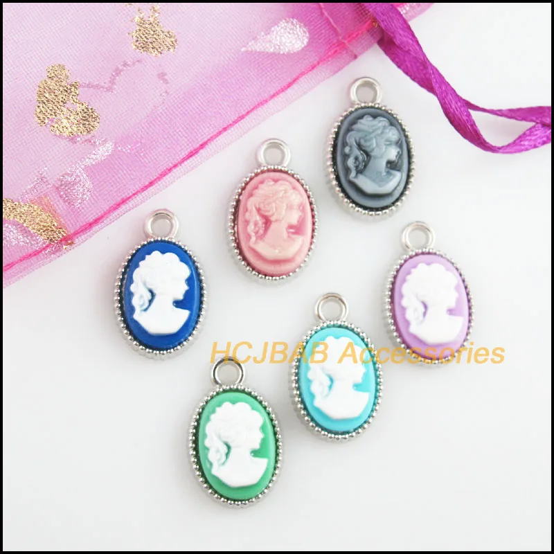 18Pcs Retro Oval Beauty Mixed Resin Charms Pendants 13x21mm