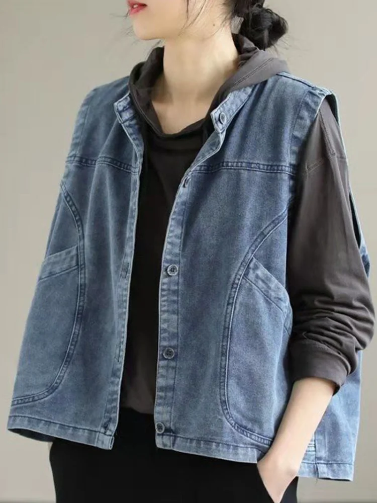 Women Denim Jacket Sleeveless Jean Vest Autumn and Spring Wide-waisted Coat Loose Stlye Outwear