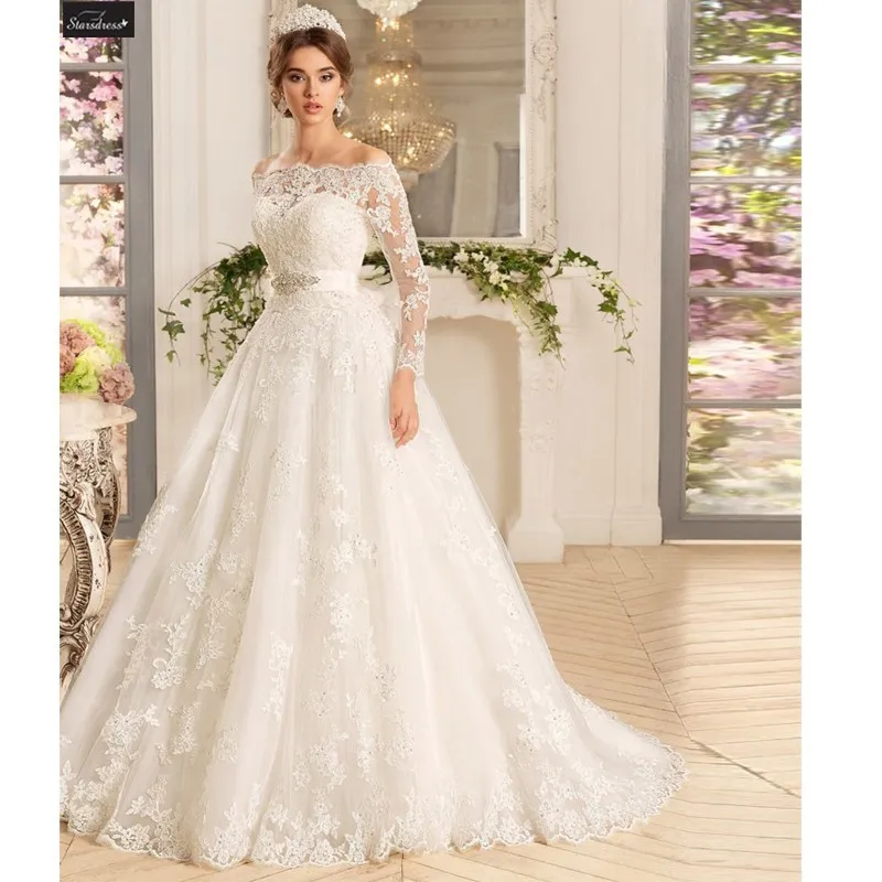 Fora do ombro uma linha árabe muçulmano vestido de casamento tribunal trem faixas manga longa botão voltar vestido de noiva vestidos de casamento