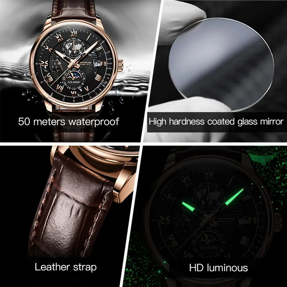 JSDUN Men\'s Mechanical Watch Luminous Leather Strap Waterproof Man Watch Top Brand Luxury Business Watch For Men Moonswatch 8909