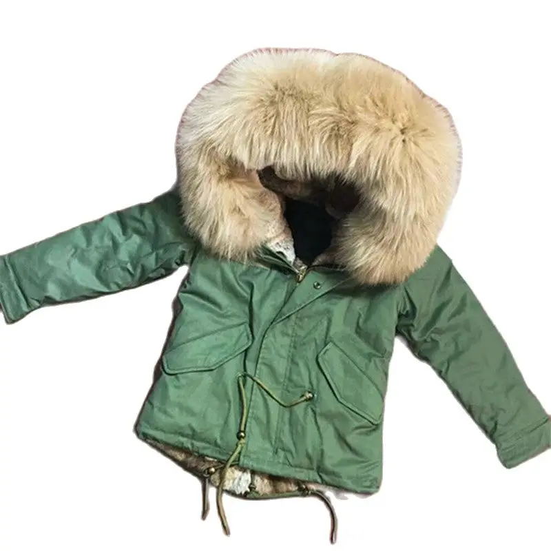 

Green Children Jacket For Boys Natural Color Real Raccoon Fur Collar Can Be Removable WIth Hoodies Parka Have Pocket