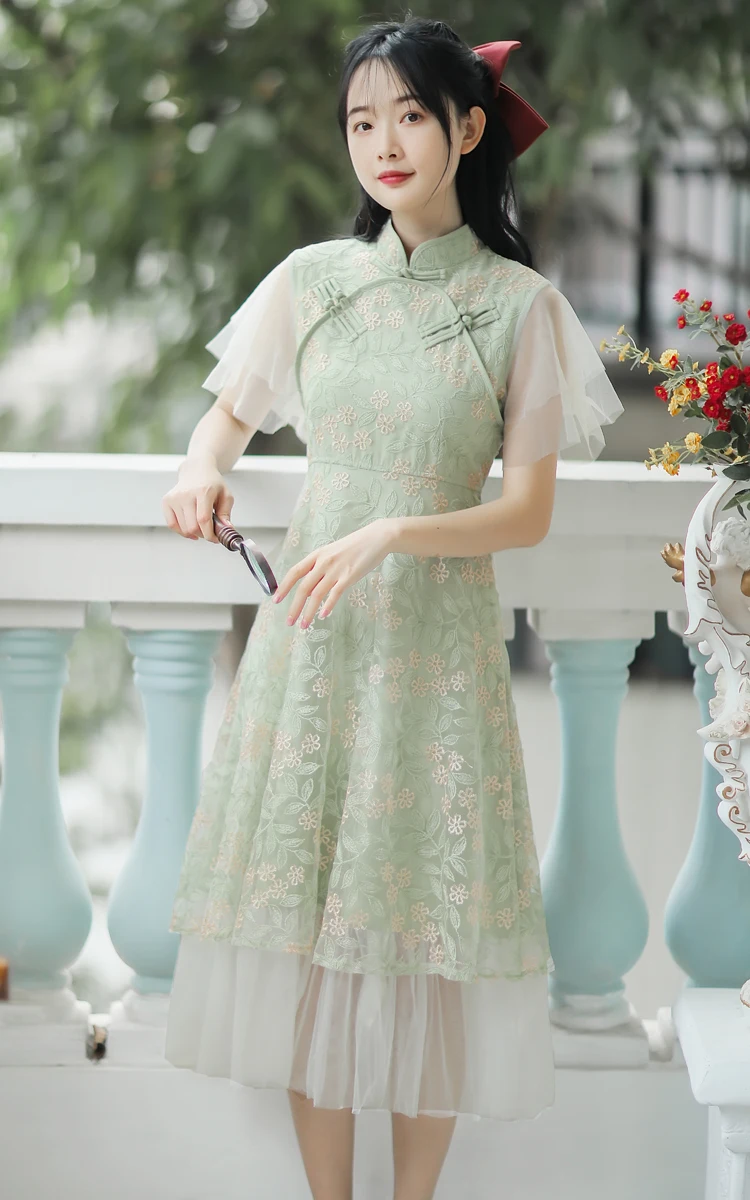 2021 Nieuwe Retro Lotusblad Mouwen Elegante Geborduurde Groene Cheongsam Jurk Zomer Zachte Girl Lace Verbeterde Bloemen Jurk