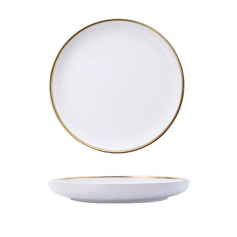 White And Black Round Gold Stroke Ceramic Dinner Plate Set Porcelain Steak Tableware Rice Soup Bowl Spoon Dish Home Decoration