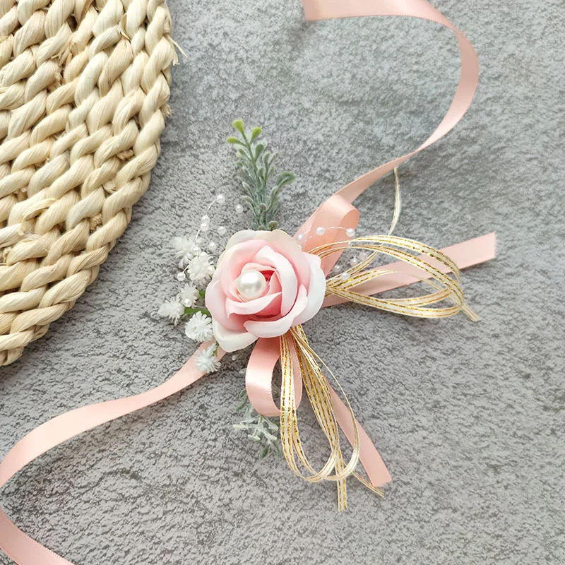 Boutonniere-pulsera de ramillete de boda, accesorios de dama de honor, perlas falsas, flores de seda, rosas, ramillete de matrimonio, traje, decoración de ojales