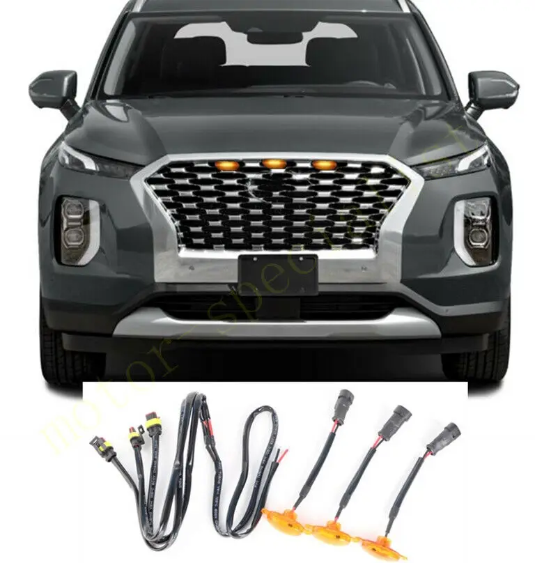 LED Car Front Grille LED Amber Light Raptor Style Light Kit Decor W/ Wire Speed 3Pcs For Hyundai Palisade 2020-2021