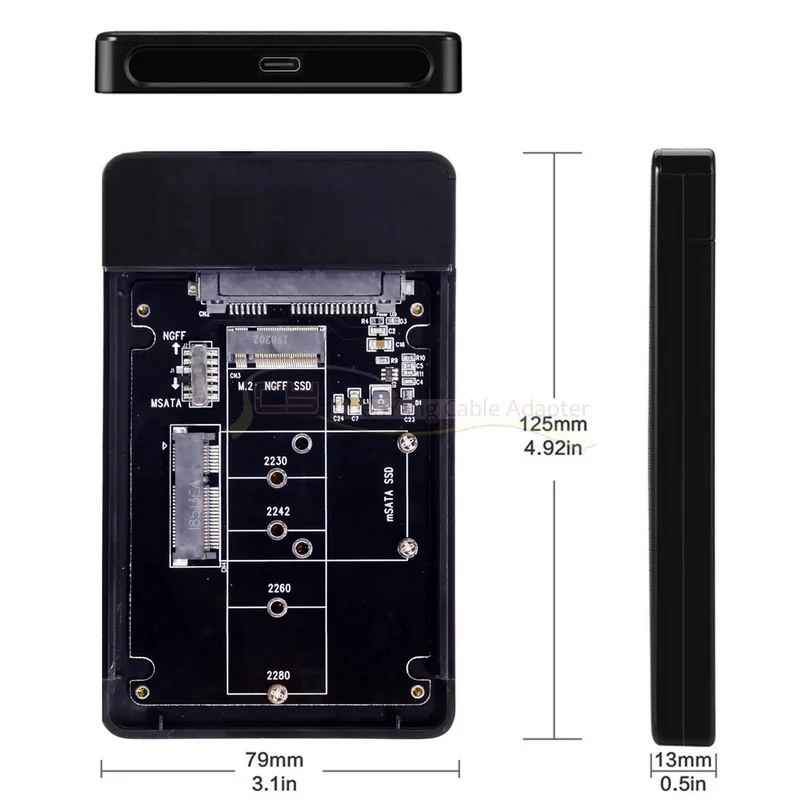 

Комбинированный конвертер M.2 NGFF B-key и mSATA SSD на USB Type-C, чехол с переключателем