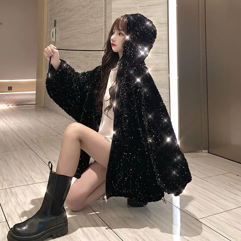 Outerwear Sequins Fashion Hooded Women Cotton Jacket 2024 Winter New Large Size Thick Loose Korean Women\'s Cotton Jacket JK244