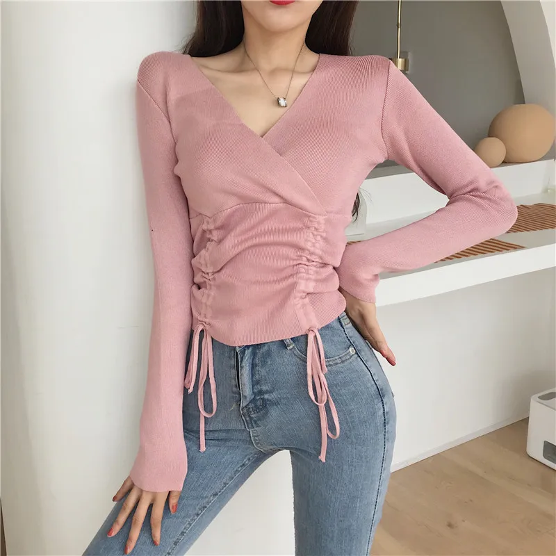 Nữ Cổ Chữ V Dệt Kim Full Tay Crop Áo Len Áo Sơ Mi Bé Gái Áo Len Áo Thun Dây Nhảy Crop Tops Dành Cho Nữ