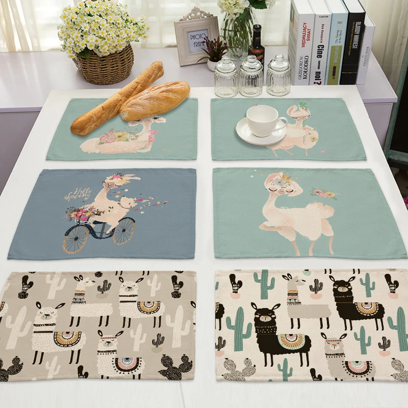 1Pcs Alpaca Pattern Kitchen Placemat Cotton Linen Dining Table Mats Coaster Pad Bowl Cup Mat 42*32cm Home Decor ML0009