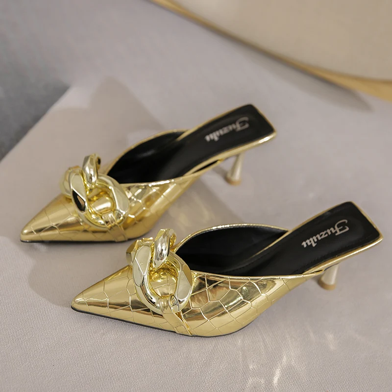 2022 Summer Luxury Brand Women Gold Silver High Heels Slippers Close Toe Glitter Heels Mules Designer Loafers Slides Party Shoes