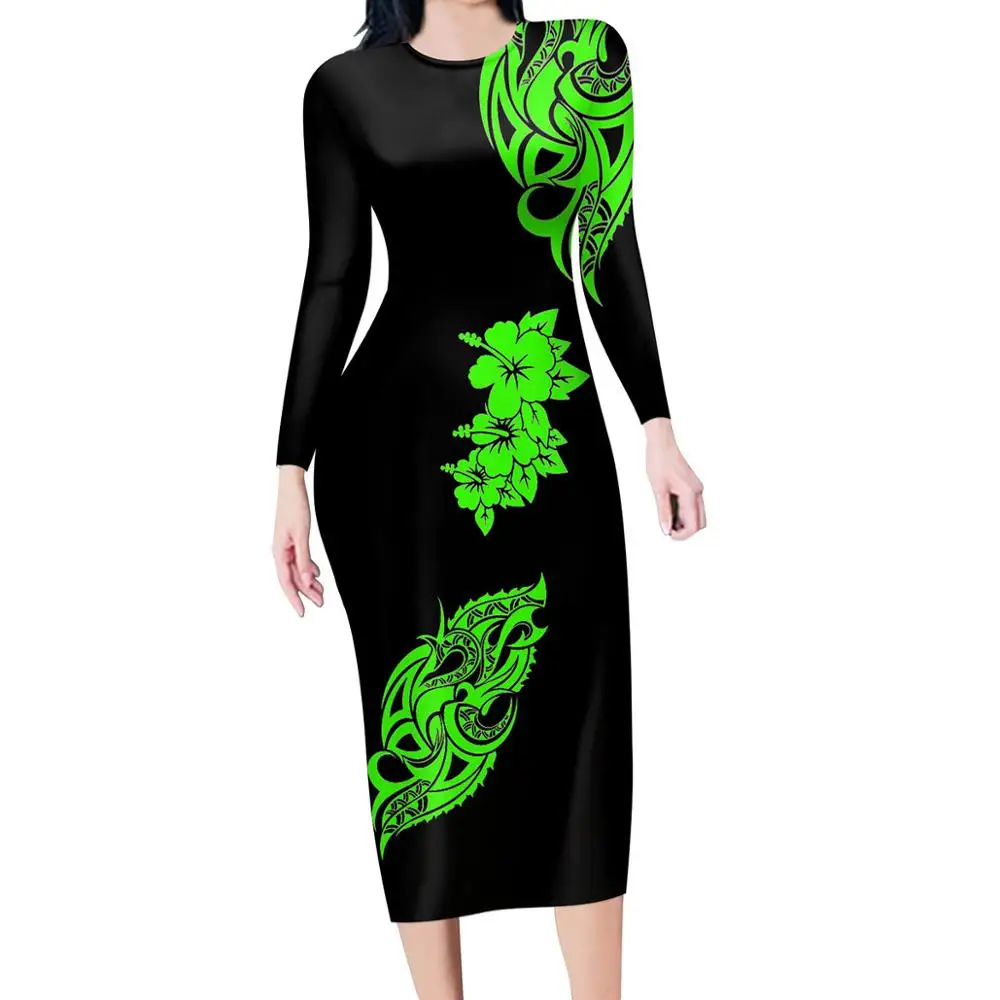 HYCOOL Polynesian Tribal Woman Dress Long Sleeve Sexy Bodycon Ladies Clothes Party Club O-neck Dress Women 2020 Elegant Luxury