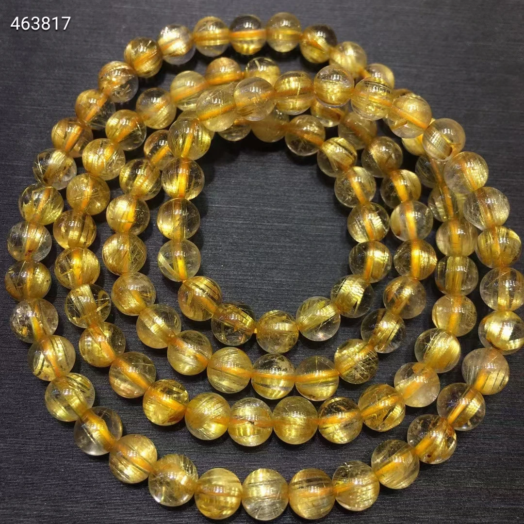 

Natural Gold Rutilated Quartz 3 Laps Bracelet Necklace 6mm Crystal Woman Men Clear Round Beads Rutilated Jewelry Brazil AAAAA