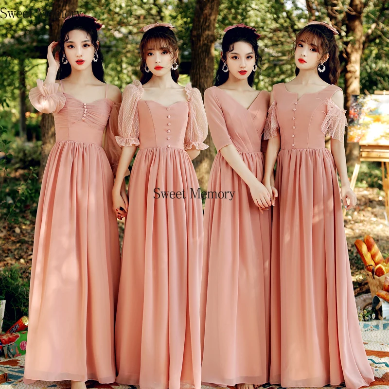 Sweet Memory Custom Made Pink Chiffon Bridesmaid Dresses Long for Women Elegant Vestidos Prom Gown For Ceremony Party Dress