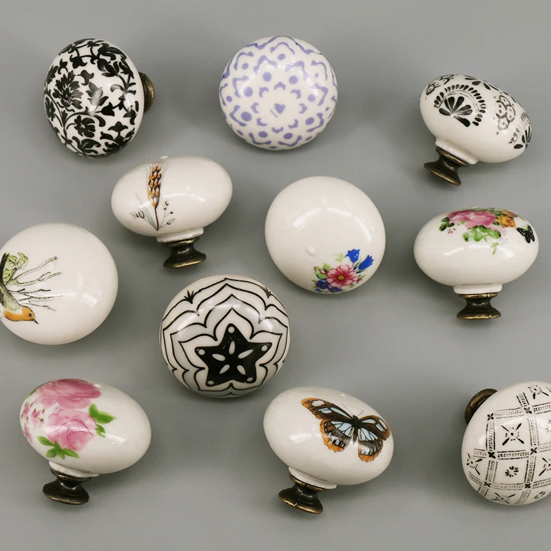 1PC Vintage Furniture handle Printed Ceramic Cabinet Knobs Drawer Pulls Cupboard Wardrobe Door Handle