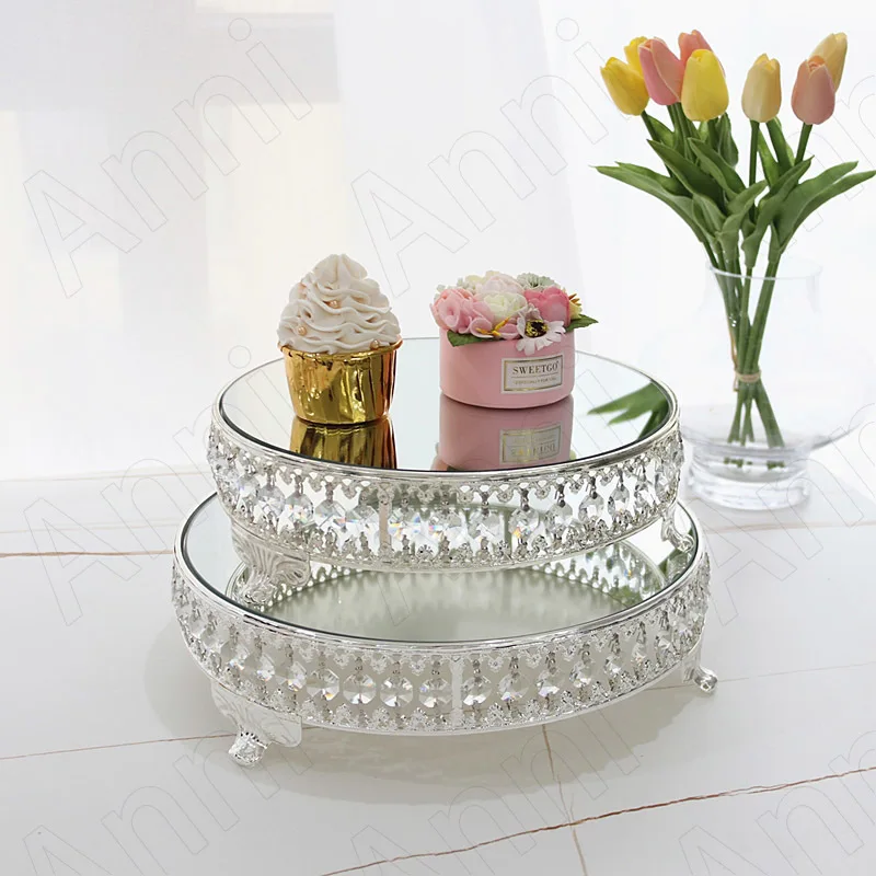 

Creative Crystal Embellishment Trays Decorative Nordic Modern Silver Plated Gilded Cake Dessert Display Tray Wedding Decoration