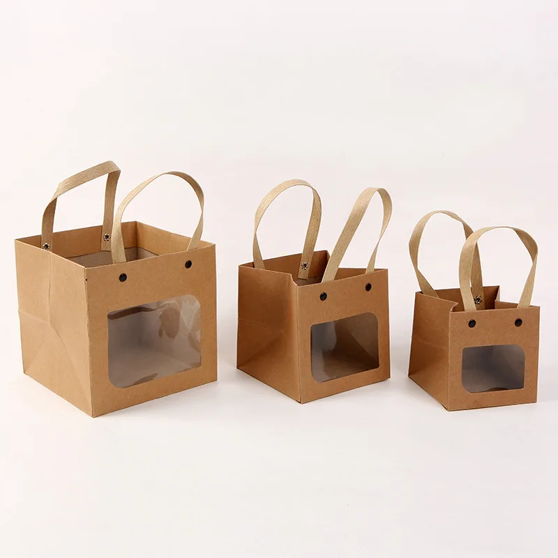 Square Flower Bag with Clear Window, Holding Smiley Face, Buckle Square Bottom Paper Gift Bag, Factory Direct Sales