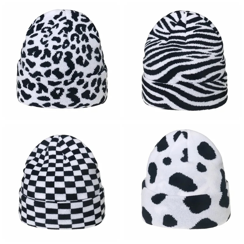 

Cow Leopard Zebra Knitted Beanies Cap Black White Plaid Print Autumn Winter Keep Warm Couple Hat Women Men Elastic Cotton Bonnet