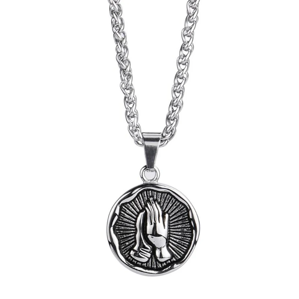 Stainless Steel Vintage Jesus Head Bless Religious Round Tag Pendant Necklace God Blessed Jewelry Gift For Him