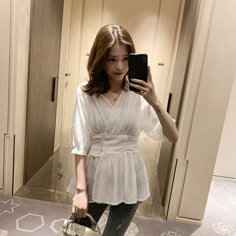 2019 Fashion Autumn V neck Blouse shirts women Lantern Half sleeve Slim Waist Tops Elegant Sexy Office Work Blouses Black White