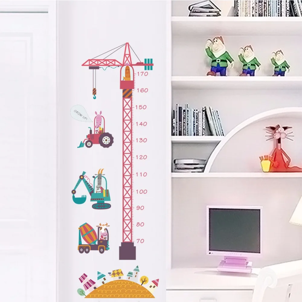 Pink Crane Engineer Car Height Measure Wall Stickers for Children Room Mural Pvc Growth Up Chart Ruler Home Decals Art Poster