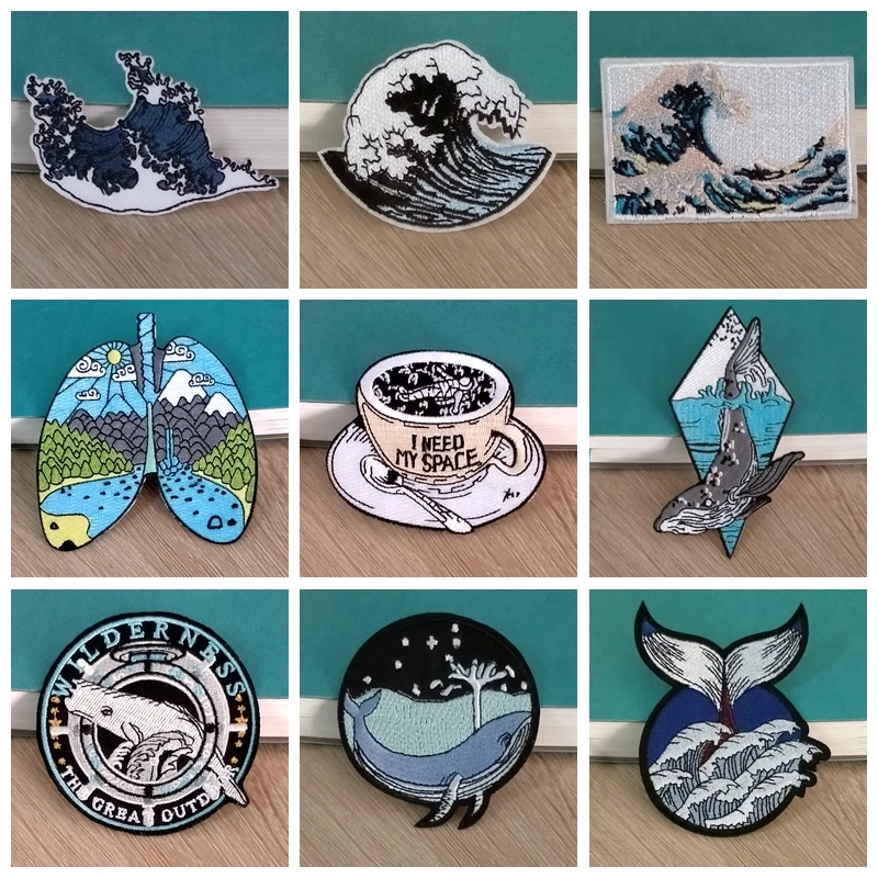 Iron On Patch Whale/Sea Wave Patch Embroidery Patches For Clothing DIY Wilderness Badge Patches For Clothes Applique Accessory