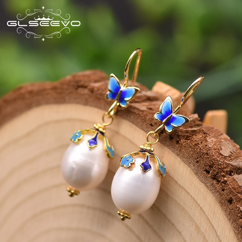 GLSEEVO Natural Fresh Water White Pearl Cloisonne Butterfly Drop Earrings For Women Gift Classic Handmade Earrings Dangle GE0982