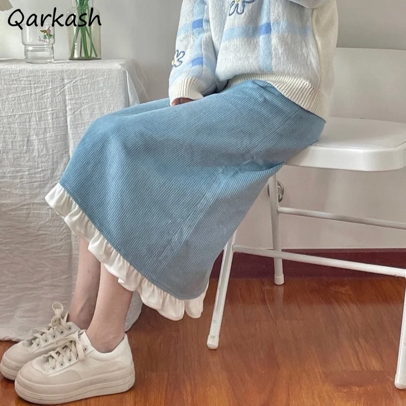 

Autumn Winter Corduroy Skirts Women Japanese Style Kawaii Patchwork Ruffles Behind-slit Knee-length Girls Sweet Fashion Ins New