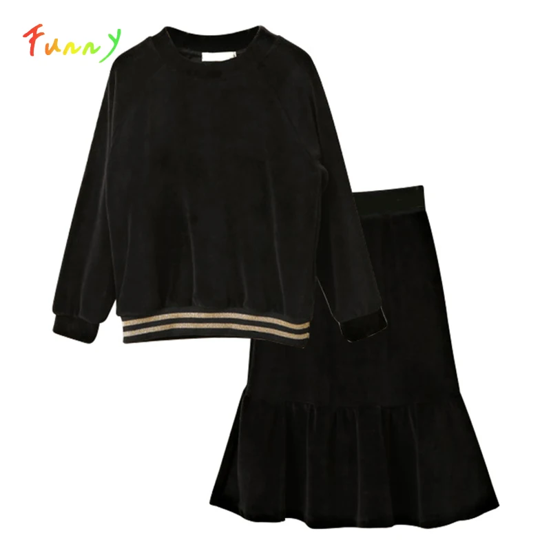 Teen Girls Skirt Sets Casual Autumn Winter Flare Dress Long Sleeve Top Velour Set Kids Clothes Girl Outfit 4-14 Years Black