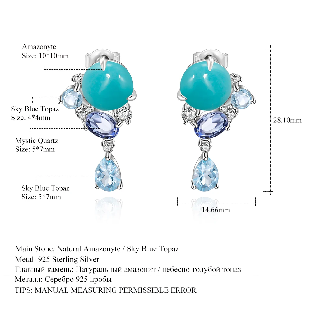 GEM\'S BALLET 925 Sterling Silver Handmade Statement Earrings Natural Amazonyte Blue Topaz Gemstone Drop Earrings For Women