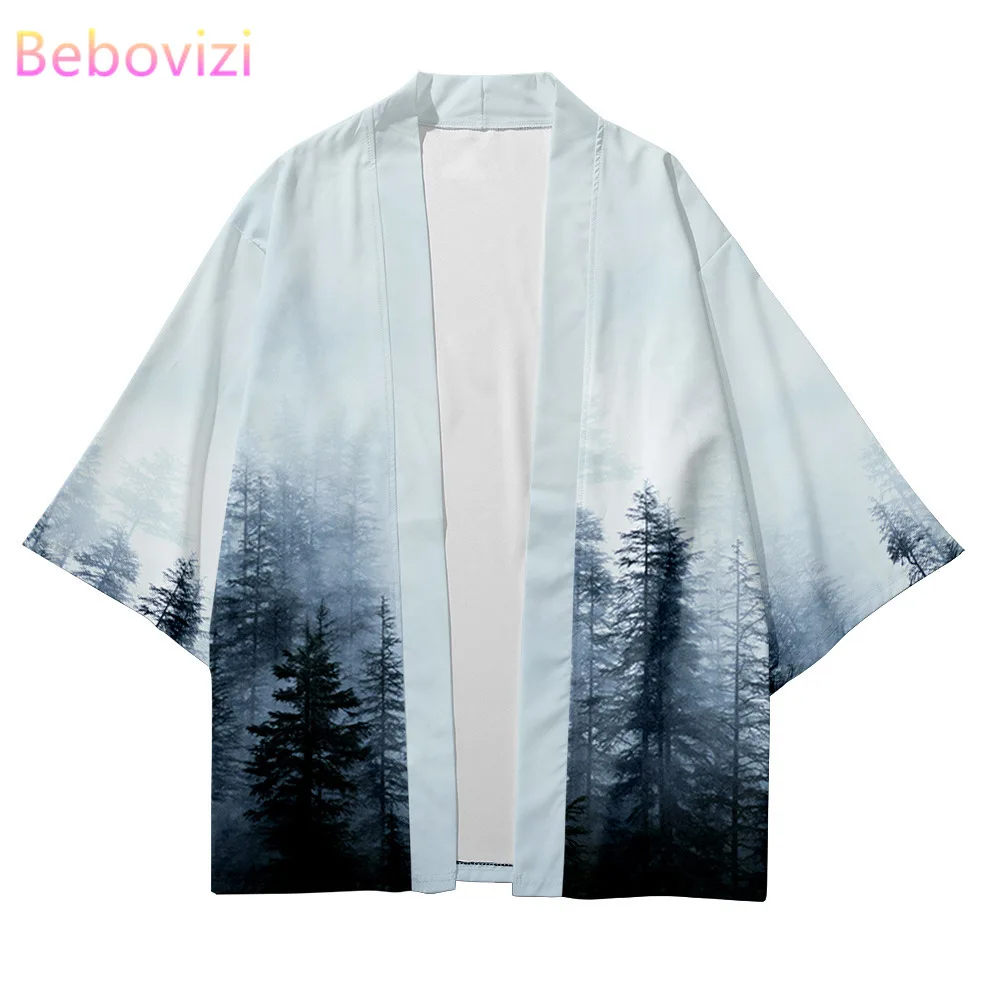 

Asian Clothing Forest Print Hawaiian Shirt Traditional Cardigan Haori Kimono Women Men Japanese Streetwear Beach Yukata