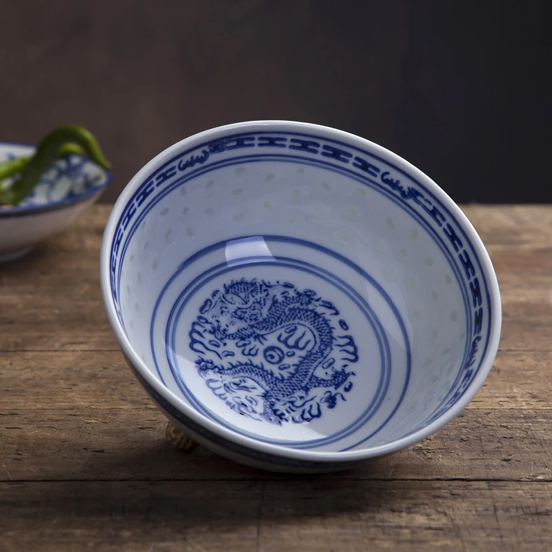 Jingdezhen Blue and White Porcelain Hollow Ramen Bowl Vintage Chinese Dragon Pattern Rice Bowl Kitchen Tableware Food Dinnerware