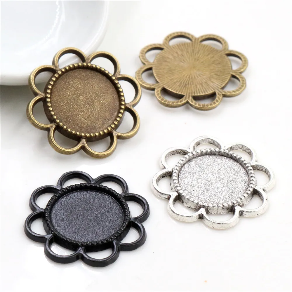 

15pcs 14mm Inner Size Antique Bronze And Silver Plated ,Black Flower Style Cabochon Base Cameo Setting Charms Pendant