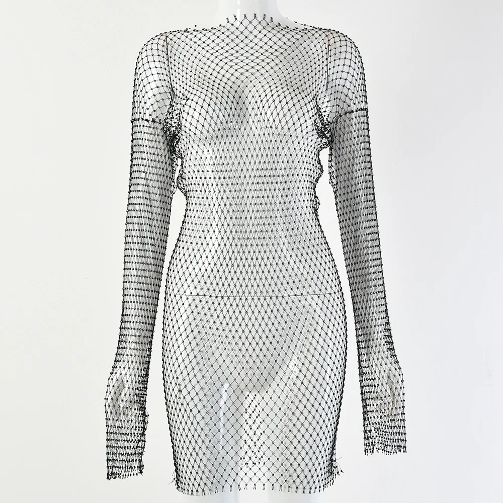 DIRTYLILY New Crystal Diamond Sexy Bodycon Dress Women Hollow Out Long Sleeve Mini Dress 2020 Summer  See Through Party Dress