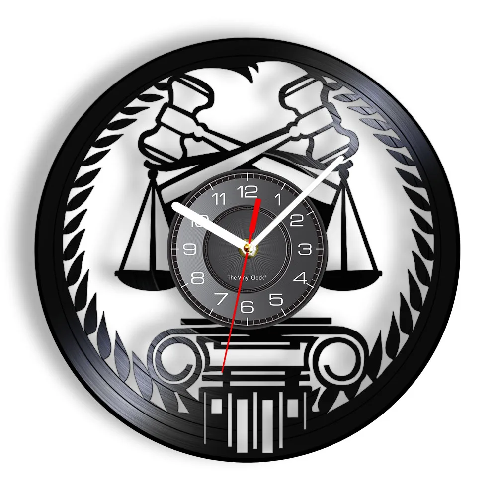 Horloge murale en vinyle silencieuse « Balance de la Justice » avec marteau de juge – Décoration murale sur le thème du droit et de la justice – Cadeau pour avocat