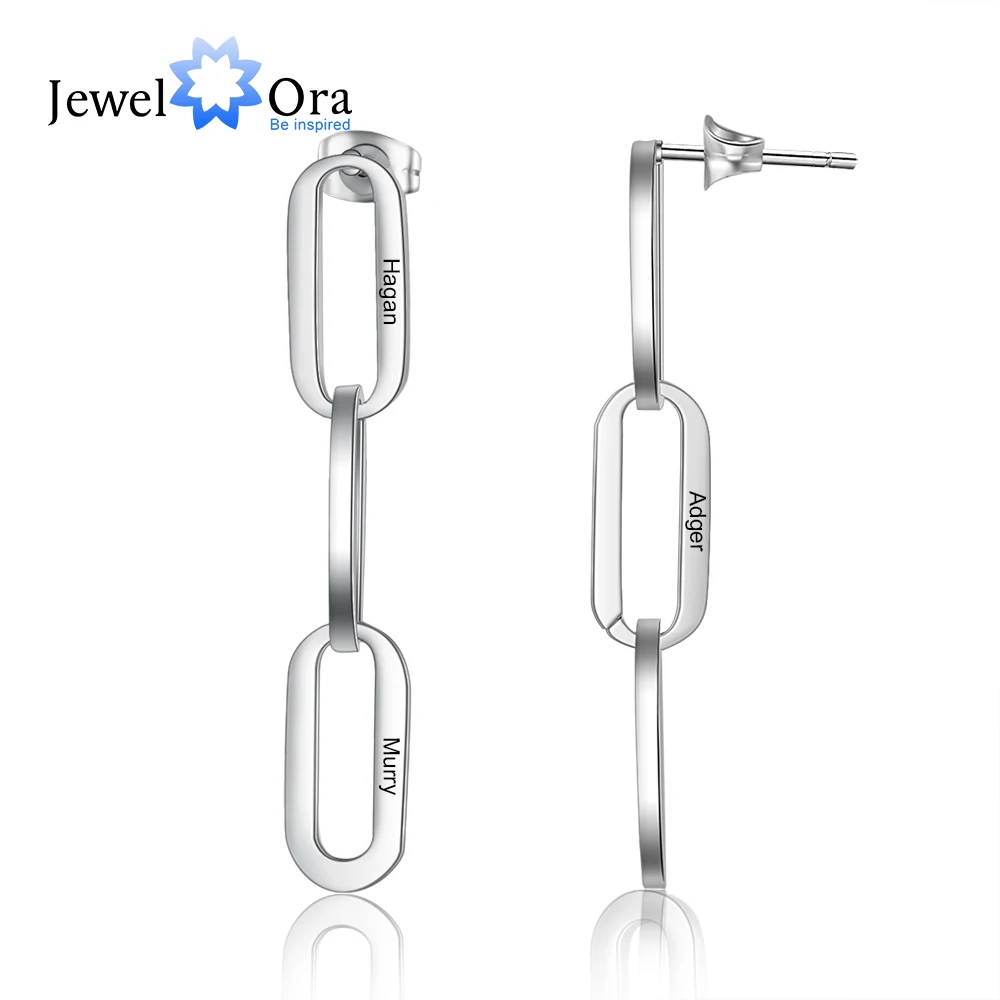 JewelOra Personalized Engraved Name Link Chain Earrings for Women Geometric Style Customize Stainless Steel Long Drop Earrings