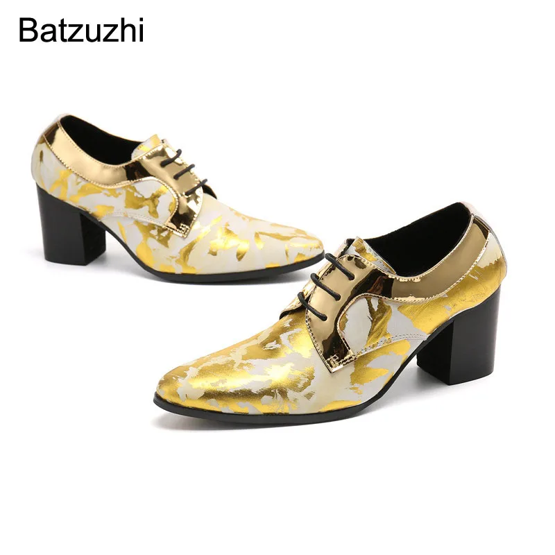 

Batzuzhi 7.5cm High Heels Italian Type Men's Shoes Pointed Toe Golden Leather Ankle Boots Men Lace-up Shoes for Party/Wedding