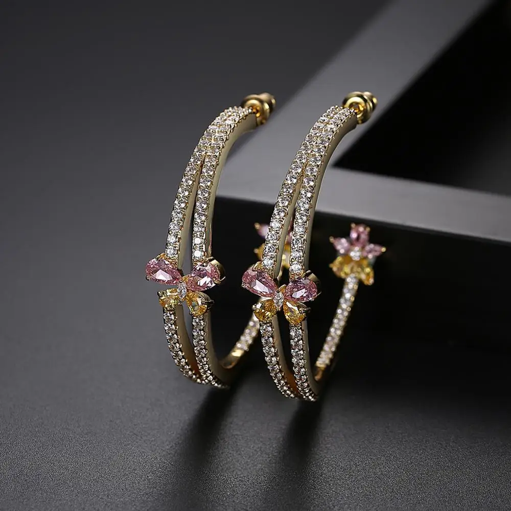 LUOTEEMI Pink and Yellow Butterfly Cubic Zirconia Hoop Earring for Women Big Fashion Gold Color Double Layer Girl Party Accessoy