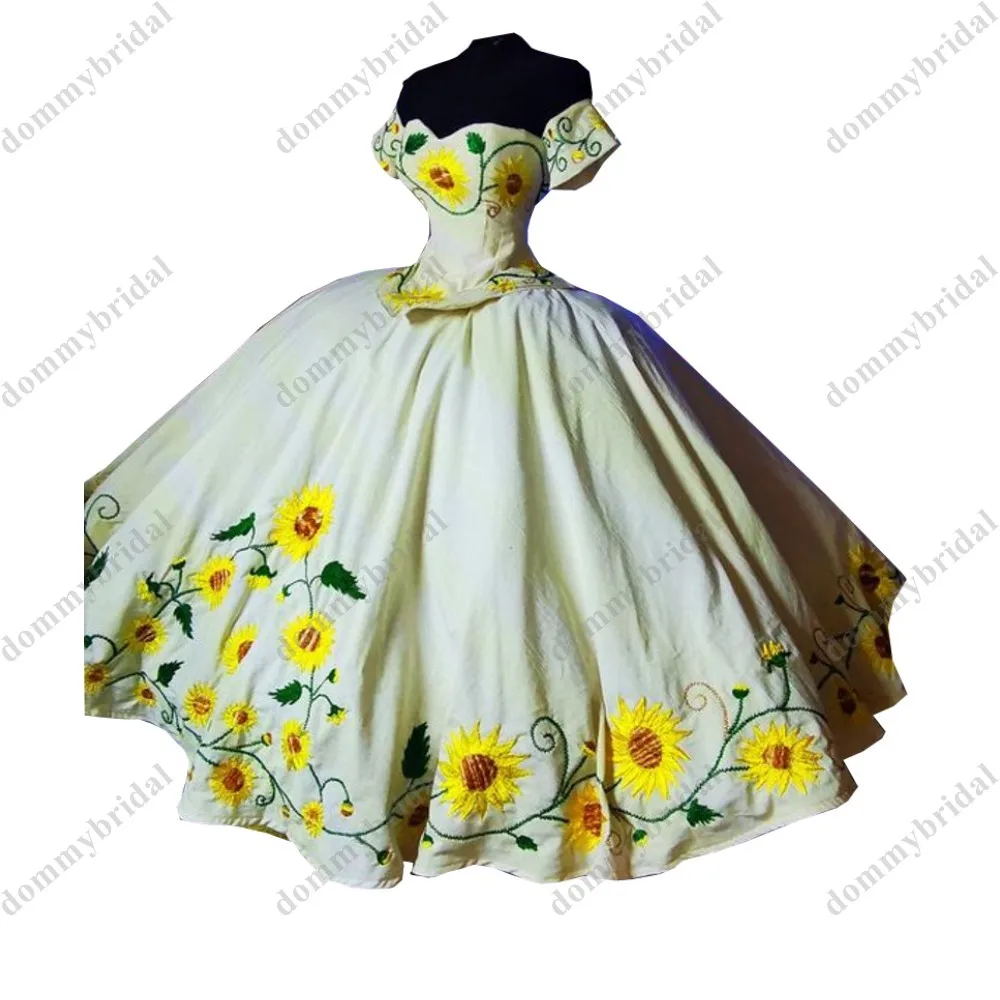 2023 Dark Blau Sonnenblumen Stickerei Ballkleid Günstige Quinceanera Kleid Charro Mexikanischen Satin Off Schulter mit Ärmeln Formale Prom