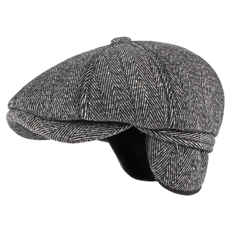 HT3336 Autumn Winter Cap Hat Thick Warm Men Beret Cap Male Vintage Wool Beret Hat Dad Grandfather  Octagonal  Flat Cap