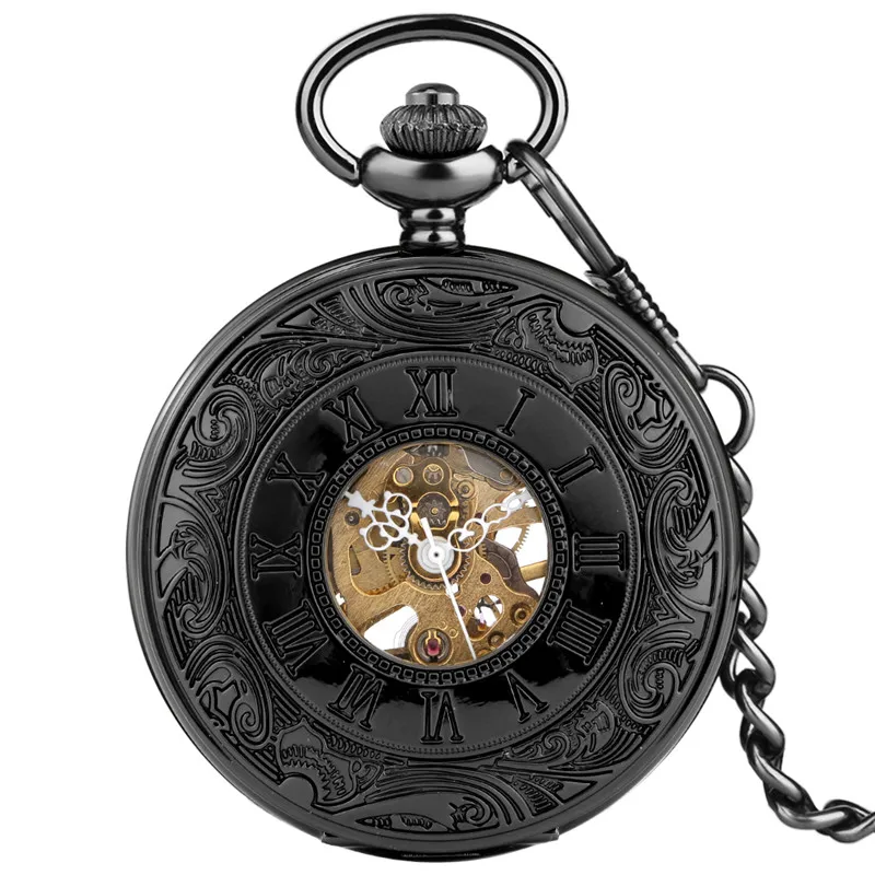 Relógio de bolso esqueleto mecânico steampunk para homens e mulheres, relógio mecânico de corrente, cronômetro esculpindo número romano, pingente