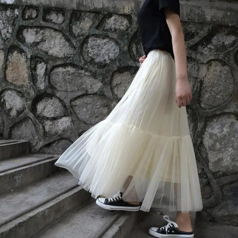 

2024 Spring New Simple Solid Mesh Tulle Tutu Skirt Elastic High Waist Slim Casual Fresh Elegant Women Long Skirt Free Shipping