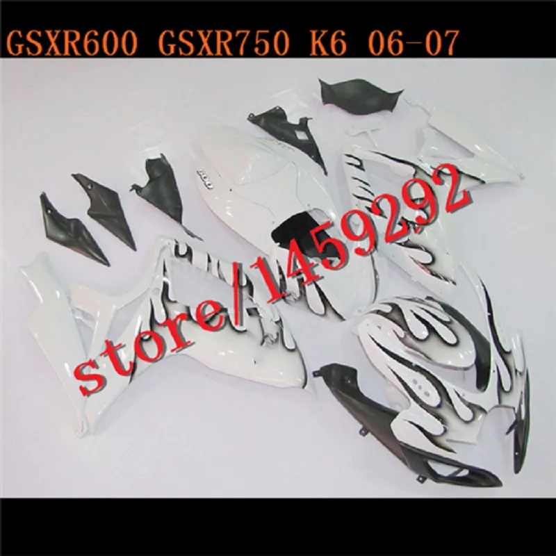 Motorcycle    Fairings Kit Fit For gsxr600/750 2006-2007 GSX600 750 2006  2007 white black flames  Bodywork   Fairing Set