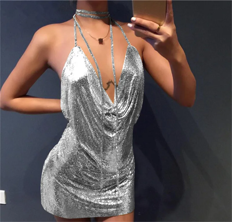 silver diamante chain halterneck detail bodycon dress Diamond Halter Gold Silver Summer Dress Women