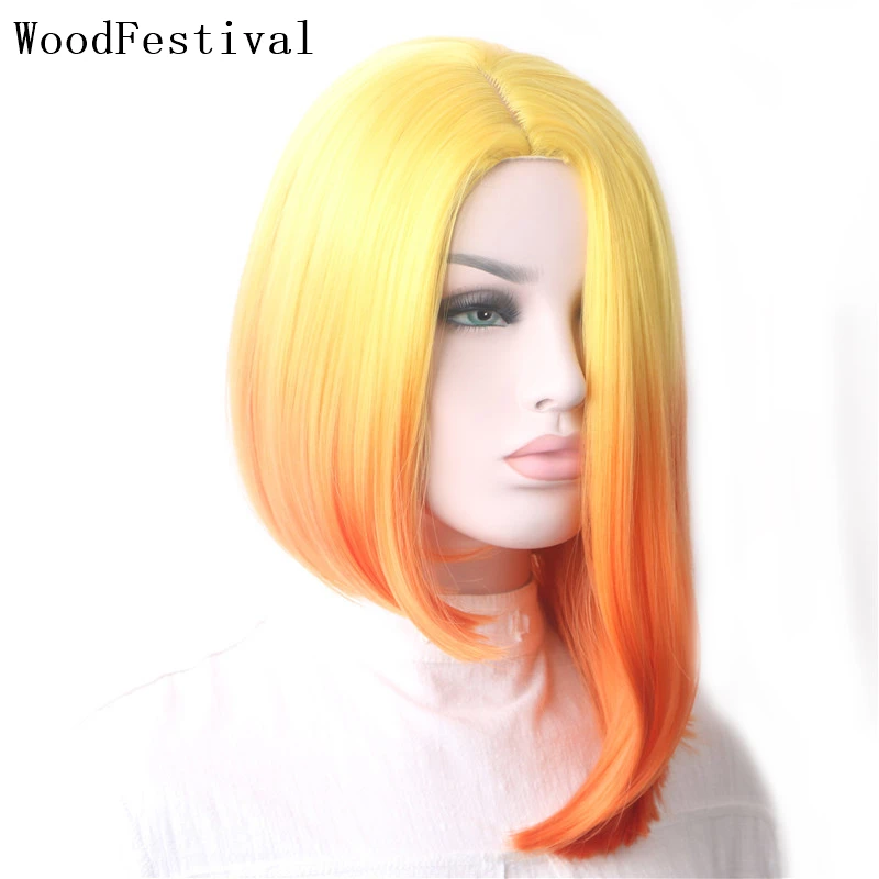 WoodFestival Ladies Short Women's Wigs Synthetic Hair Cosplay Straight Bob Wig Female Ombre Colored High Temperature Fiber