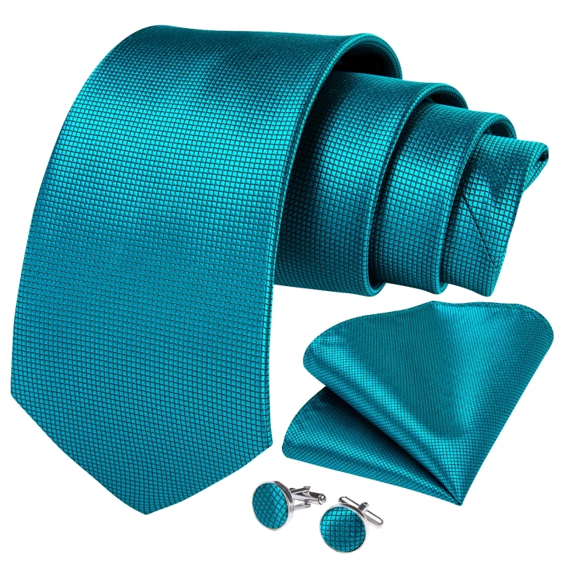 Teal Blue 8cm Wide Silk Ties For Men Wedding Accessories Men Tie Set Gift Pocket Square Cufflinks Corbatas Para Hombre