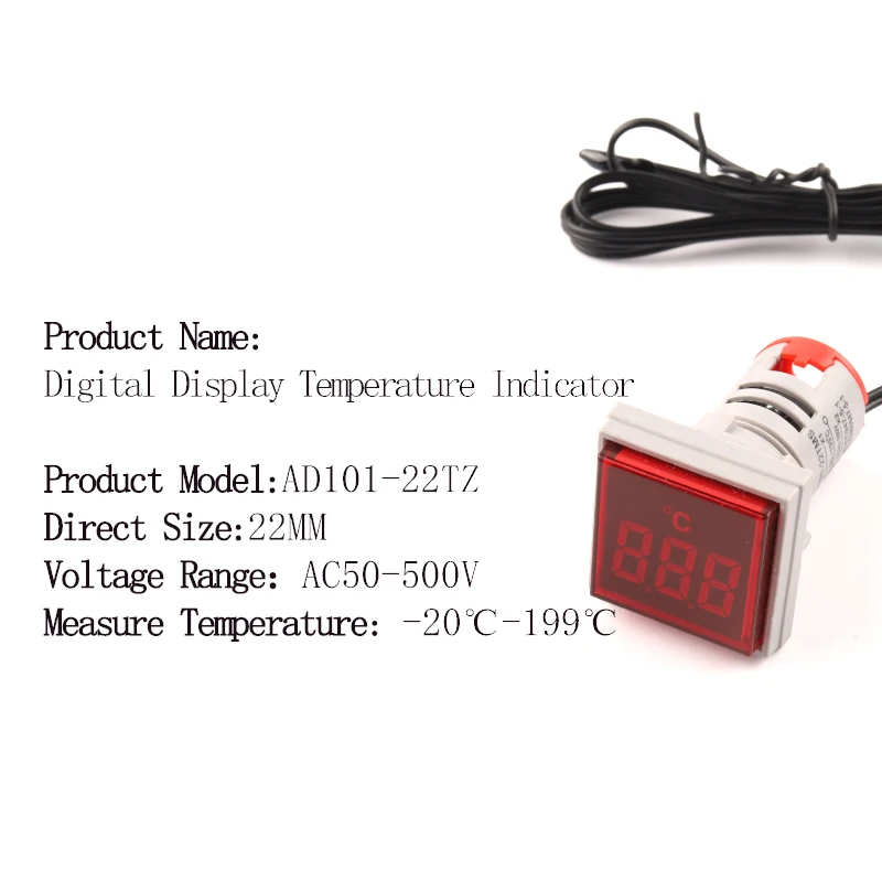 Mini termômetro digital LED com indicador quadrado redondo, sensor detector de medidor de temperatura, 22mm,-20-199-199 Celsius, 50-500V