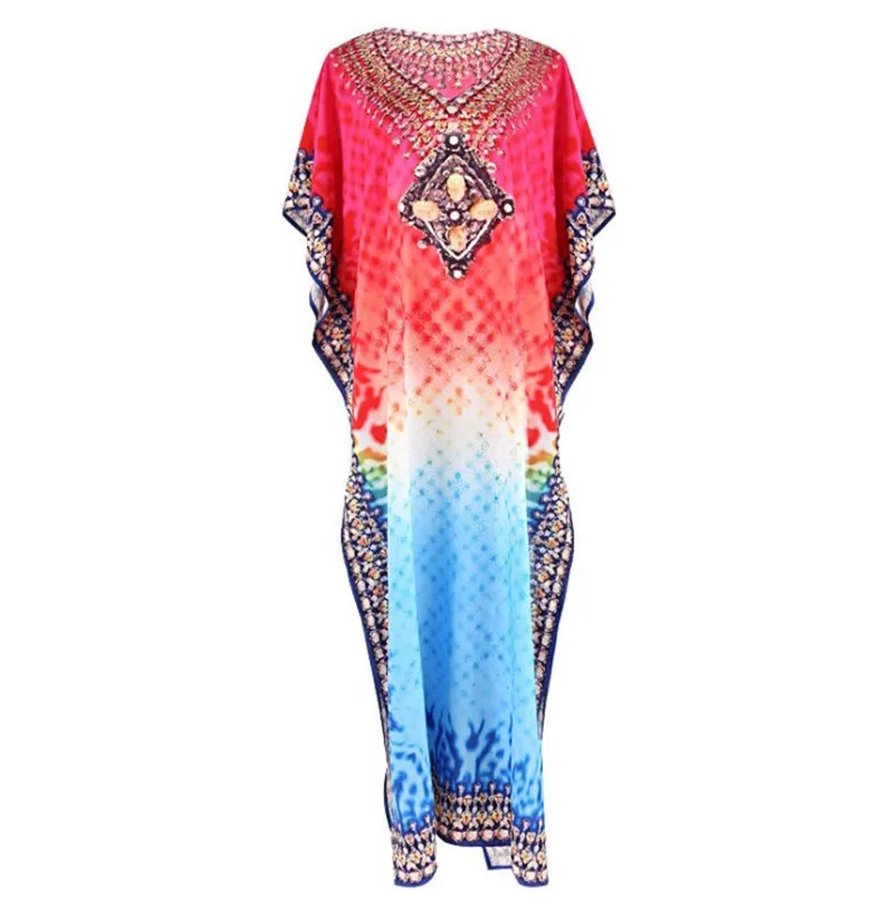 Red Blue Print Long Beach Dress Bikini Cover Ups for Women Pareo De Plage Swimsuit Cover Up Beach Sarongs Swimwear Kaftan