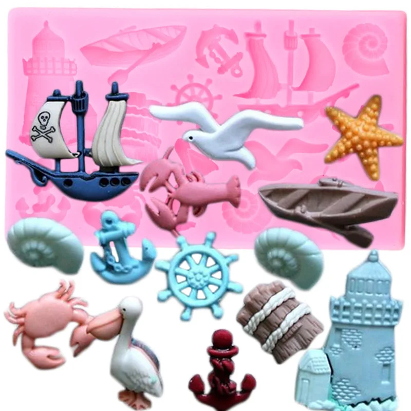 Boat Starfish Seagull Silicone Mold Fondant Cake Decorating Tools DIY Party Cupcake Topper Candy Polymer Clay Chocolate Moulds