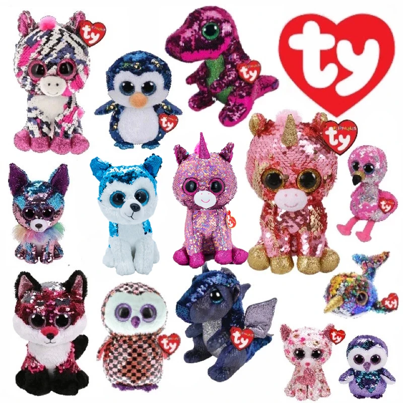 

15CM Ty Beanie Glittering Big Eyes kawaii Sequins Plush Unicorn Owl Cat Penguin Dragon Toy Dolls Collectible Child Birthday Gift